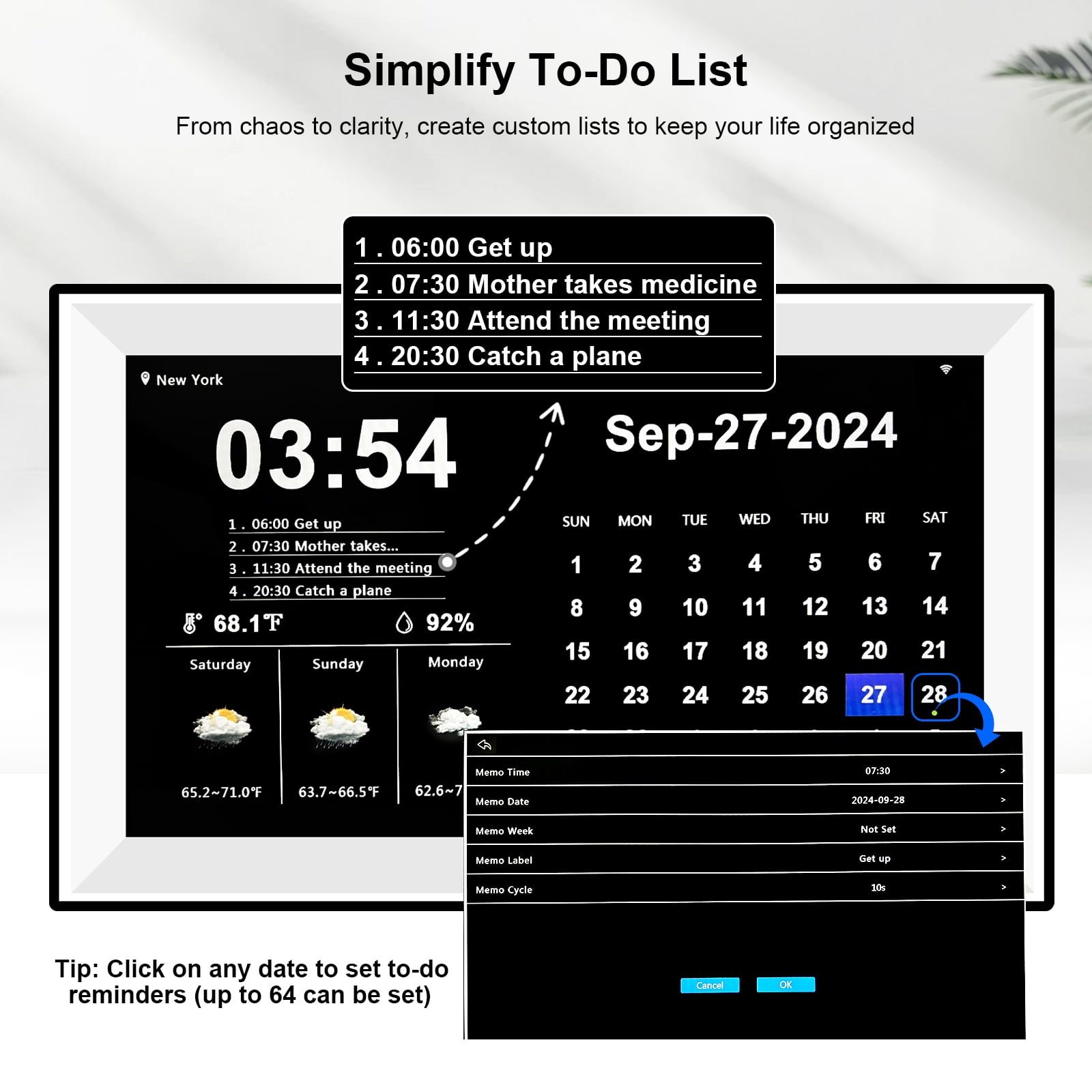 Jazeyeah No APP Large 15.6 Inch Touch Screen Digital Calendar, 64 Groups of Memos, Auto-Sync Time & Date,7-Day Weather Forecast, Wall Calendar