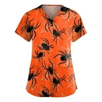 HAJWOH Womens Halloween Scrubs Short Sleeve Nursing Uniforms Novelty Pumpkin Bat Spider Print Medical Scrub Shirts Stretchy Vneck Scurb Tops Saffron L