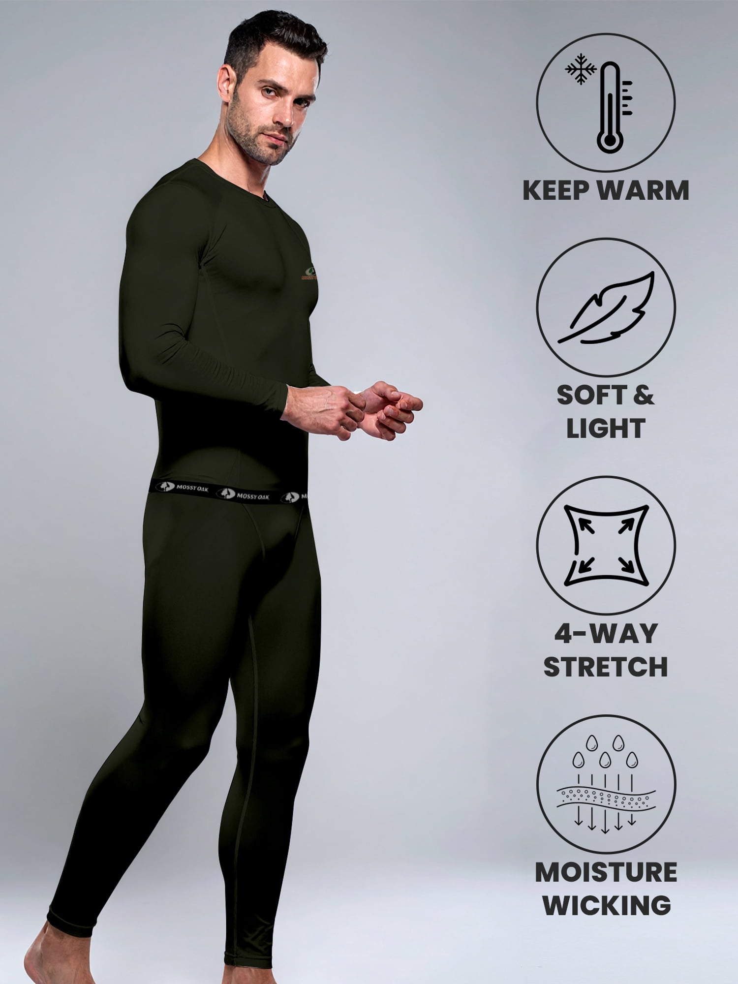 Mossy Oak Men’s Base Layers Set Compression Pants & Shirt Thermal Wear for Men, Forest Night XL