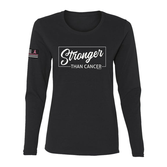 Wild Bobby, Stronger than Cancer USA Flag Sleeve Breast Cancer Awareness Women Long Sleeve Tee, Black, Small