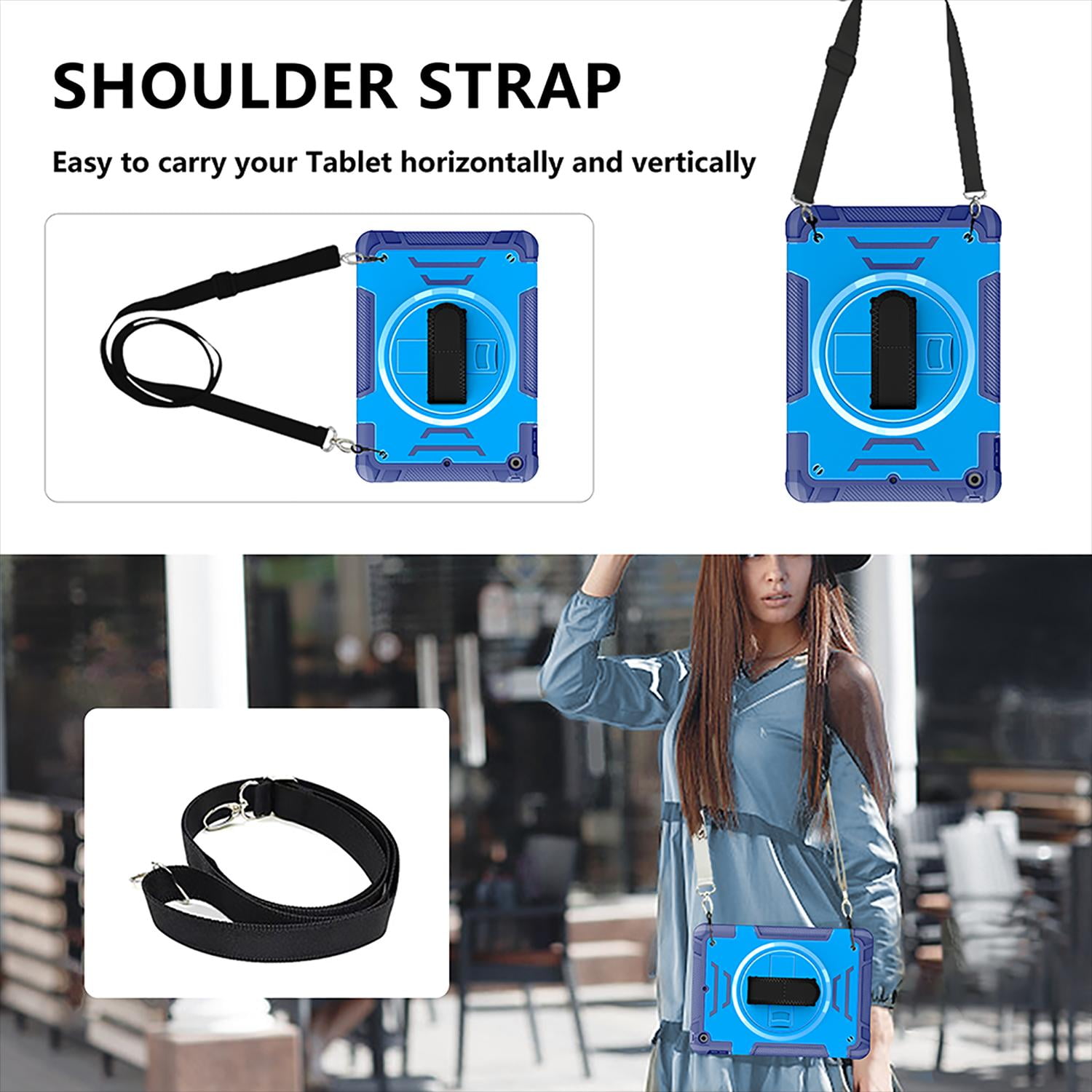 Shockproof Case for Apple iPad 6th 5th Generation, with Pencil Holder Military Grade Protection Rotating Stand Hand Strap Shoulder Strap Bumper Rugged Case for iPad 6th 5th Gen 9.7", Blue