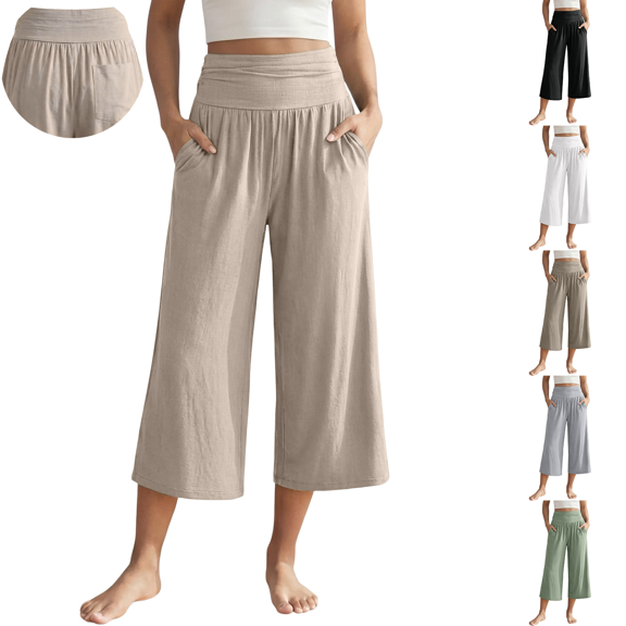 Breezora Casual Womens Linen Cotton Wide Leg High Waist Pants Relaxed Trousers for Daily Summer Wear