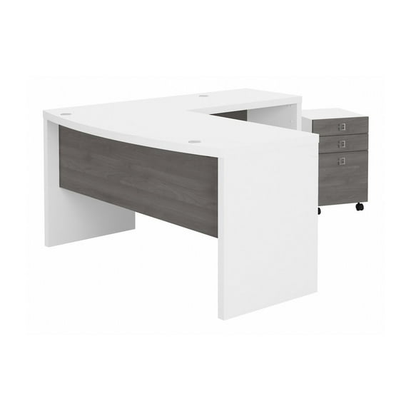 Echo L Shaped Bow Front Desk with Drawers in White & Gray - Engineered Wood