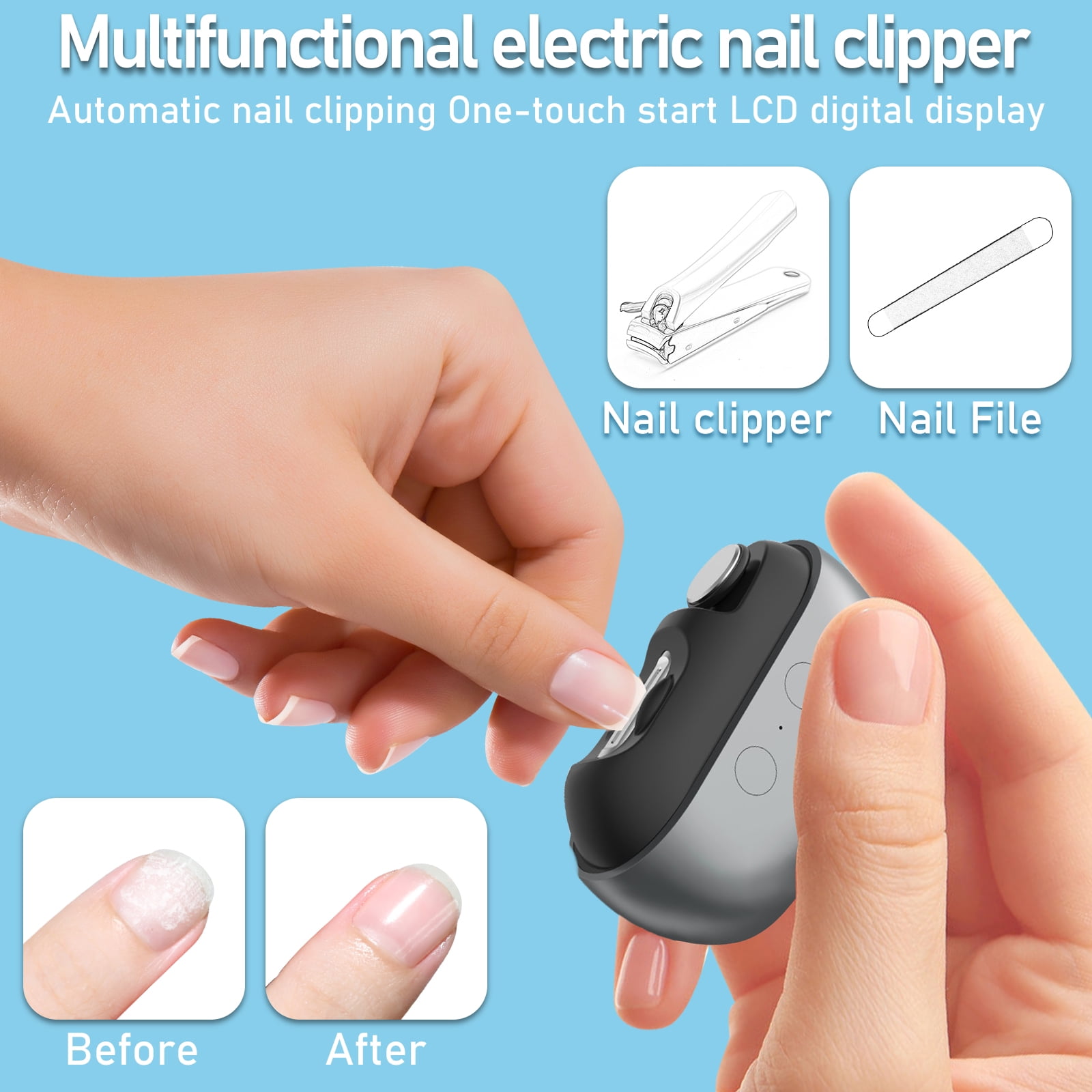 Hemvt 3 In 1 Electric Nail Clippers with Polishing, Rechargeable 2 Speeds Fingernails Clipper for Seniors, Adults, Baby, Automatic Nail Trimmer with Clip Storage and LED Light, Safe Use, Aorsher