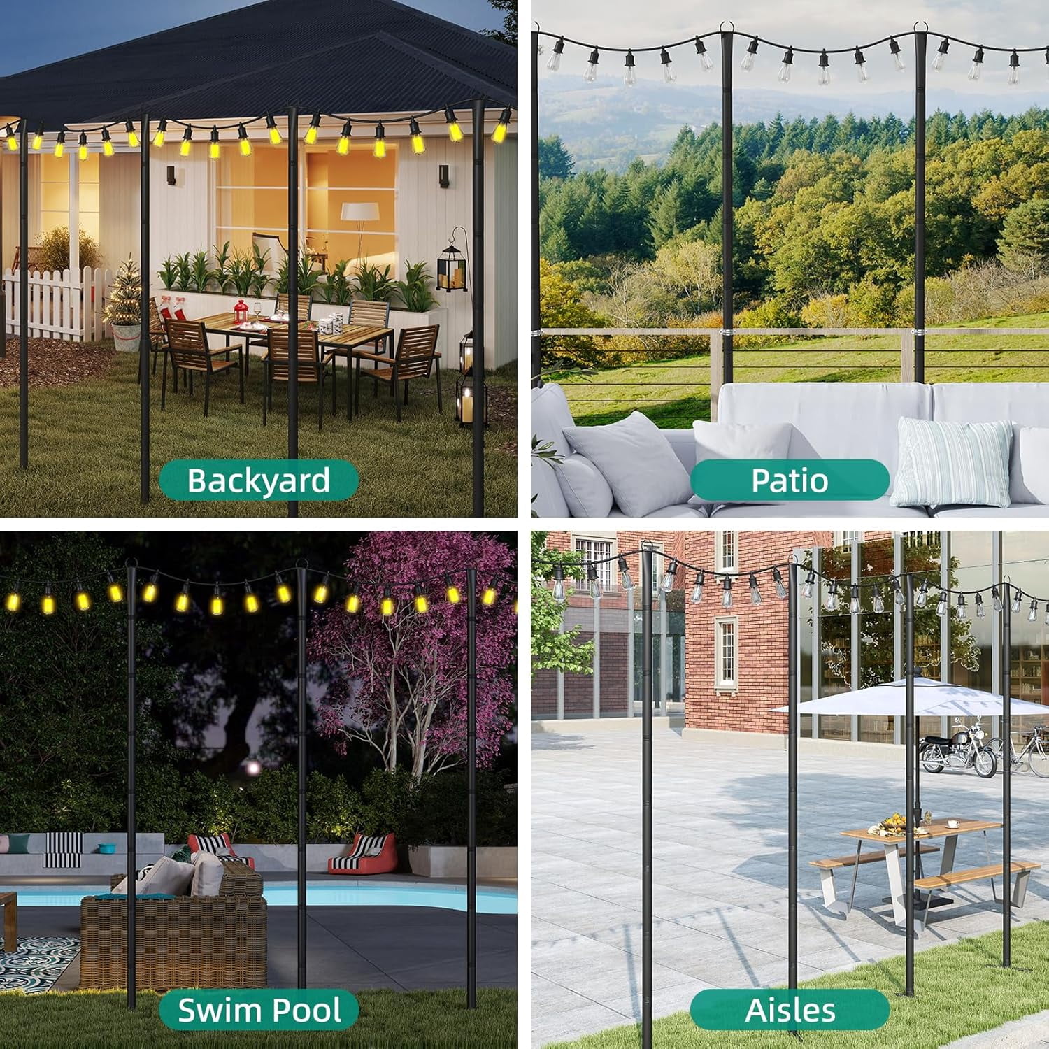 4 Pack String Light Poles, 10Ft Light Poles for Outside, Metal Poles with Fork, Lighting Hanging Post Accessories for Patio Decor Garden Backyard Yard Front Porch Outside Decorations