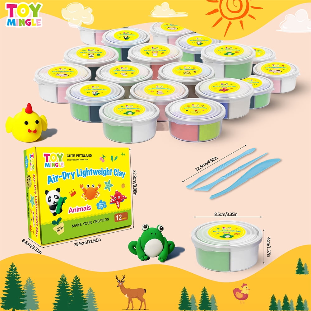 Toymingle 12-Pack Air-Dry Lightweight Clay Set - Animal Theme Modeling Art Kit, Non-Toxic Magic Dough with Sculpting Tools for Kids 4+