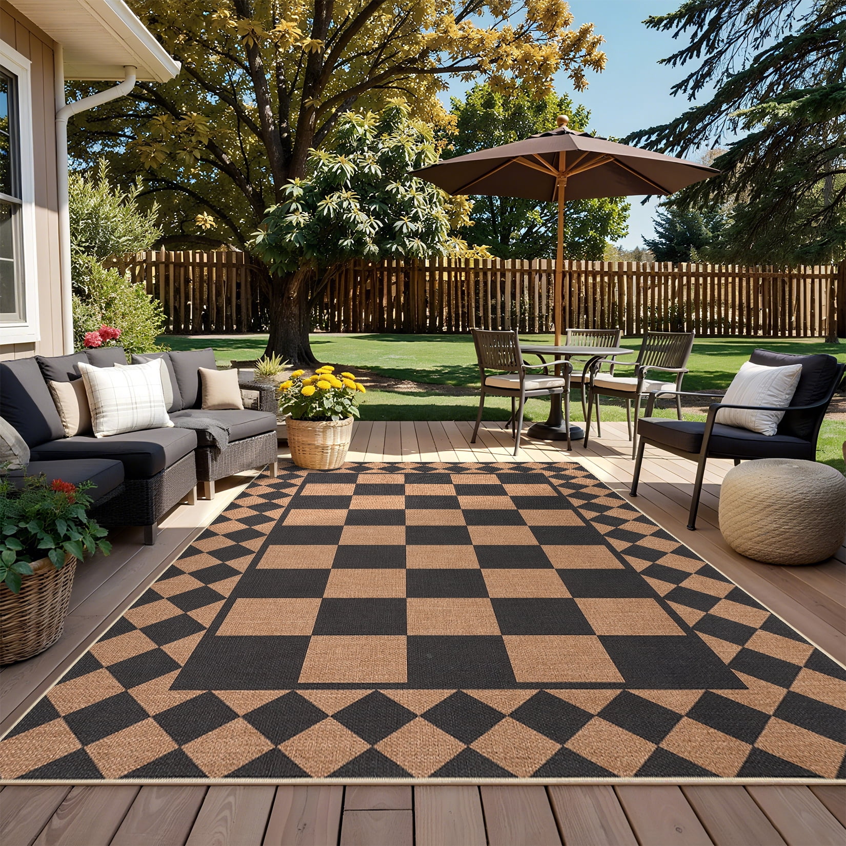 Large Rug for Bedroom 8x10 Non-Slip Indoor Outdoor Easy Jute Rug, Stain-Resistant Checkered Accent Carpet, Washable Geometric Floor Cover for Backyard, Living Room, Black Brown