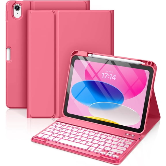 for iPad 11th 10th Generation Case with Keyboard - 7 Colors Backlit Wireless Detachable Folio Keyboard Cover with Pencil Holder for iPad 11-inch A16 2025 10th Gen 10.9 Inch 2022 (Pink)