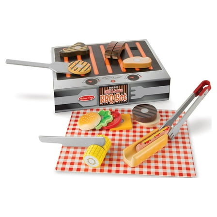 Melissa & Doug Grill and Serve BBQ Set (20 pcs) - Wooden Play Food and Accessories