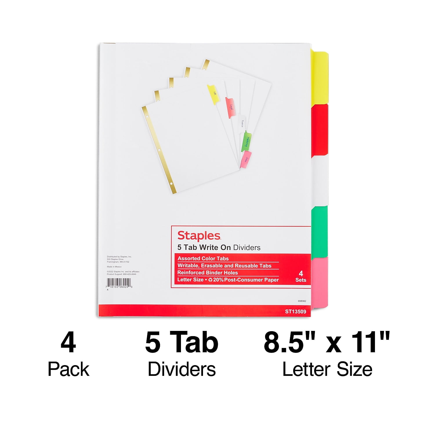 MyOfficeInnovations Big Tab Write-On Blank Paper Dividers 5-Tab Multicolor 4 Sets/PK 477148