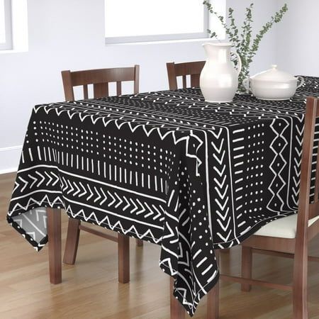 

Cotton Sateen Tablecloth 70 Square - Mudcloth Black African Inspired White Lines Dots Arrows Print Custom Table Linens by Spoonflower
