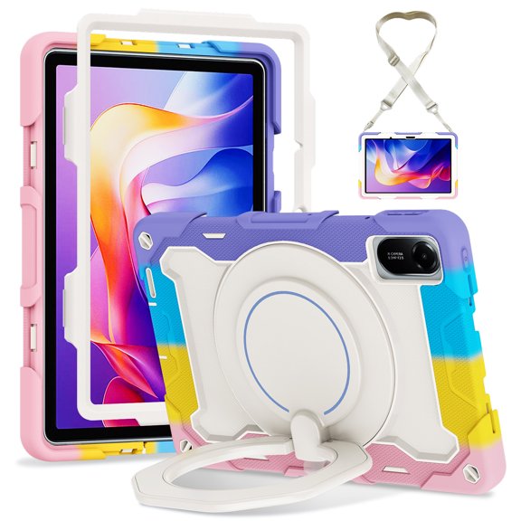 FJLBDE Case for Xiaomi Redmi Pad 2 2025 11 inch with 360 Kickstand, Shoulder Strap Carrying Protective Cover, Multicolor Pink