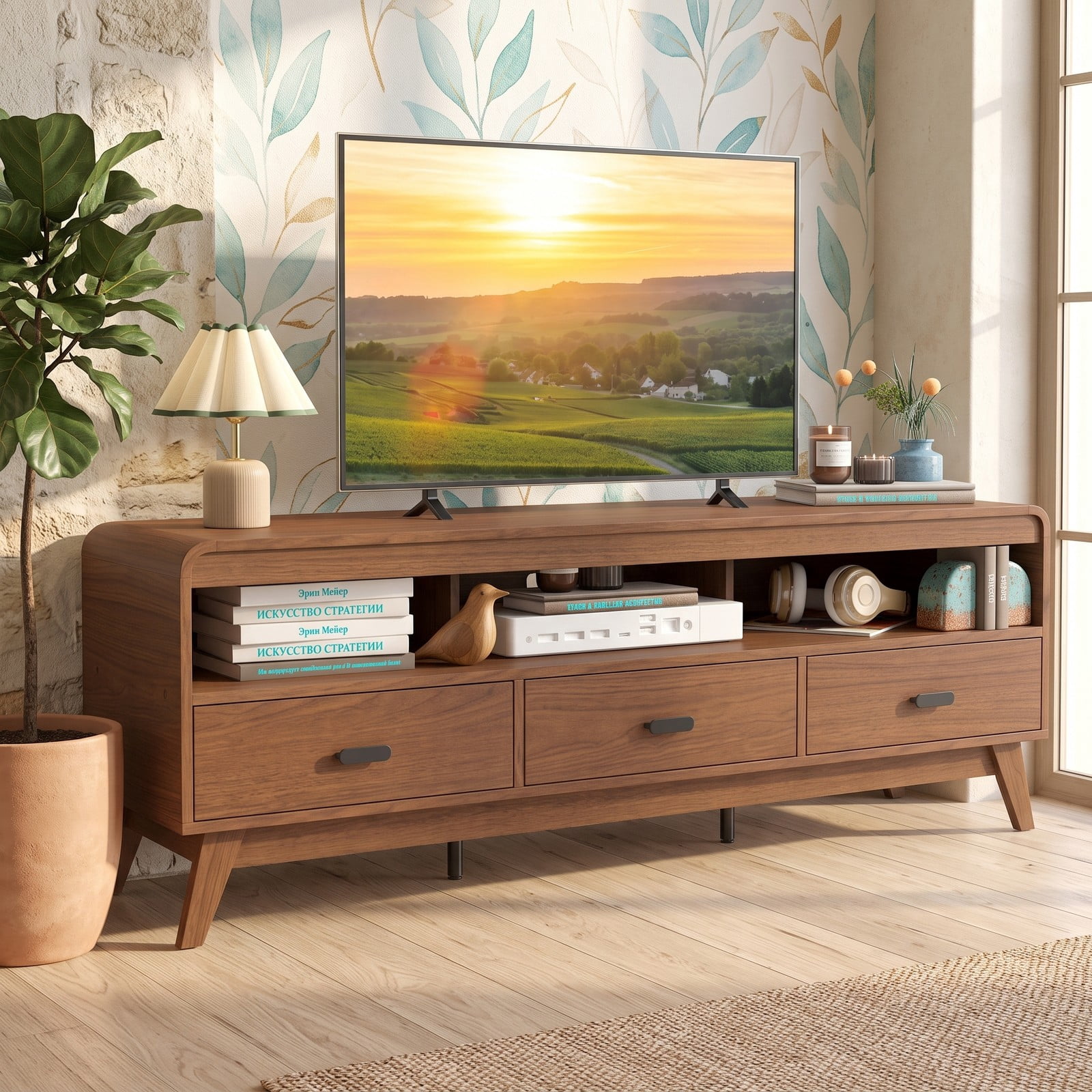 Furnibear Mid Century Modern TV Stand for TVs up to 70 Inch, Wood Entertainment Center Media Console with 3 Storage Drawers and Open Shelves for Living Room, Walnut