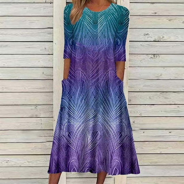 Robe d'Été pour Femmes 2024 Mode Grande Taille Décontractée Manches Mi-Longues Col Rond Imprimé Maxi Ample Pull Longue Robe 50 % de Réduction Liquidation!