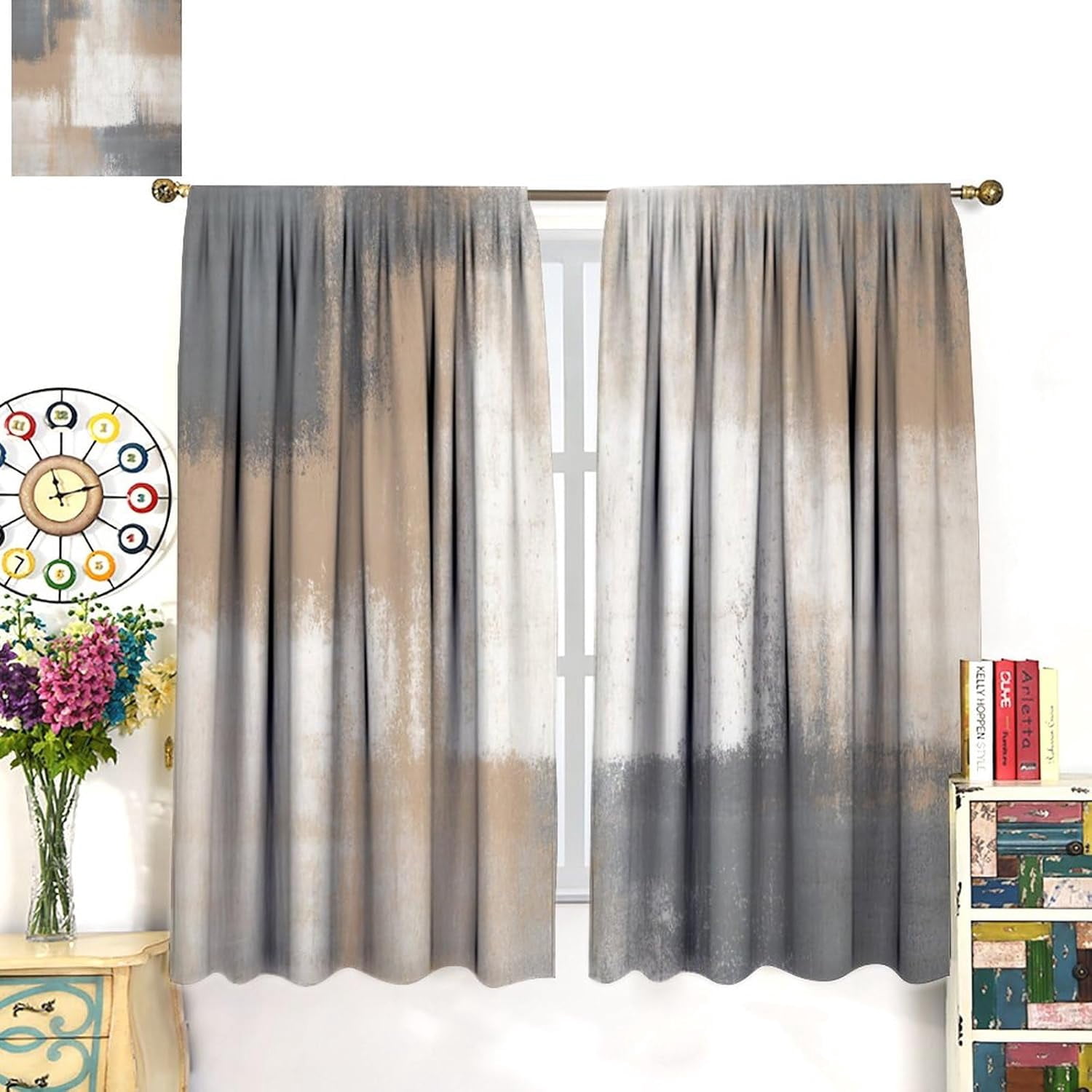 Rustic Curtains Tan Brown Grey White Abstract Pattern Blackout Print Rod Pocket Window Drapes for Bedroom Living Room 52x84in