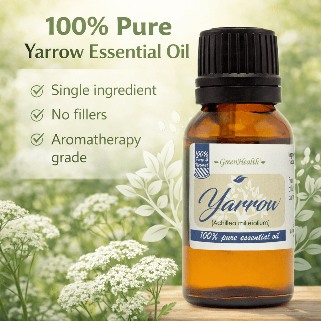 Yarrow Essential Oil – 100% Pure Achillea Millefolium Oil – Aromatherapy Oil for Diffuser, Soap Making, Candle Making –  15 ml (1/2 fl oz) Amber Glass Bottle w/ Euro Dropper – GreenHealt