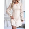 thumbnail image 4 of Women Knit Crew Neck Solid Color Sweater Dress Lace Floral Sleeve Texture Pullover A Line Dresses S, 4 of 9
