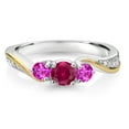thumbnail image 2 of Gem Stone King 925 Silver and 10K Yellow Gold Red Created Ruby Pink Sapphire and White Lab Grown Diamond 3 Stone Engagement Ring for Women (0.54 Cttw, July Birthstone, Size 7), 2 of 3