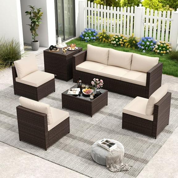 Costway 8 PCS Patio Furniture Set with Storage Box & Tempered Glass Coffee Table Beige