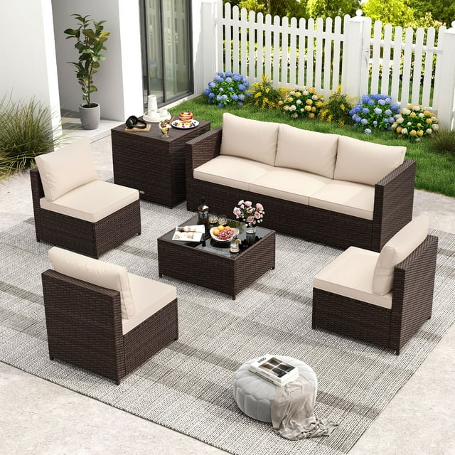 Costway Ensemble de Mobilier de Patio 8 Pcs avec Coffre de Rangement et Table Basse en Verre Trempé Beige