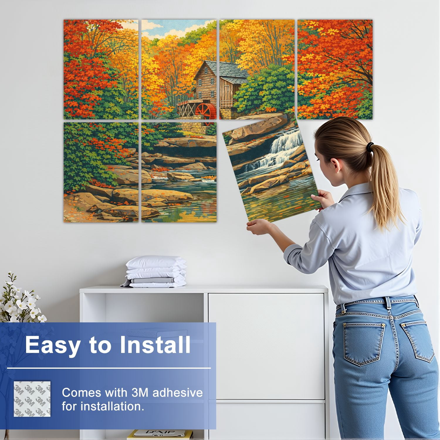 8 Pack Art Acoustic Panels Sound Absorbing Glade Creek Grist Mill nostalgia blazing autumn colors West Decorative Soundproof Wall Panels Self Adhesive for Nursery Game Room Bedroom 48"x32"
