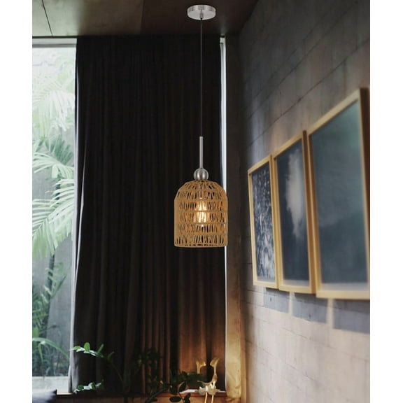 Cal Lighting Depok 1-Light Metal & Rope Wood Pendant Fixture in Burlap Brown