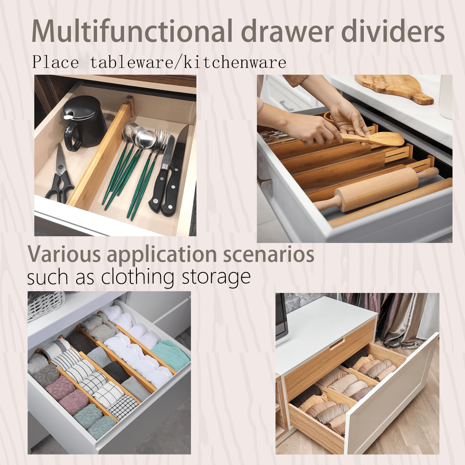 FAKYFJ Bamboo Drawer Dividers, Adjustable Drawer Divider for Clothes, Kitchen, Dresser, Bedroom, Bathroom and Office, 6-Pack (Natural, 12-17 IN)