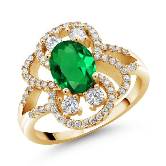 Gem Stone King 18K Yellow Gold Plated Silver Green Nano Emerald Women Ring (2.32 Cttw, Oval 9X7MM, Size 5)