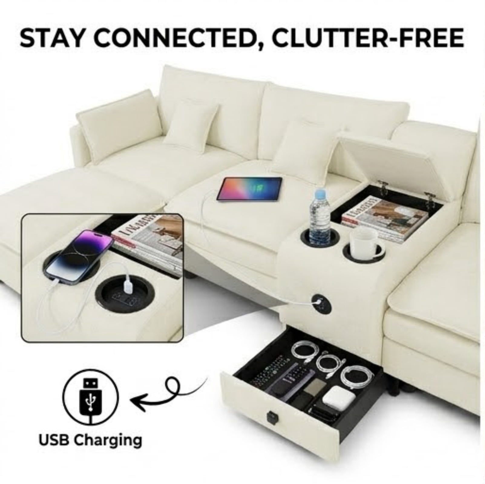 Modular U-Shaped Sectional Sofa with Reversible Chaise, USB Charging Ports & Storage Drawer, 6-Seater Sofa Couch with Flip-Top Cup Holder Console, Arm Pockets & Detachable Cushions