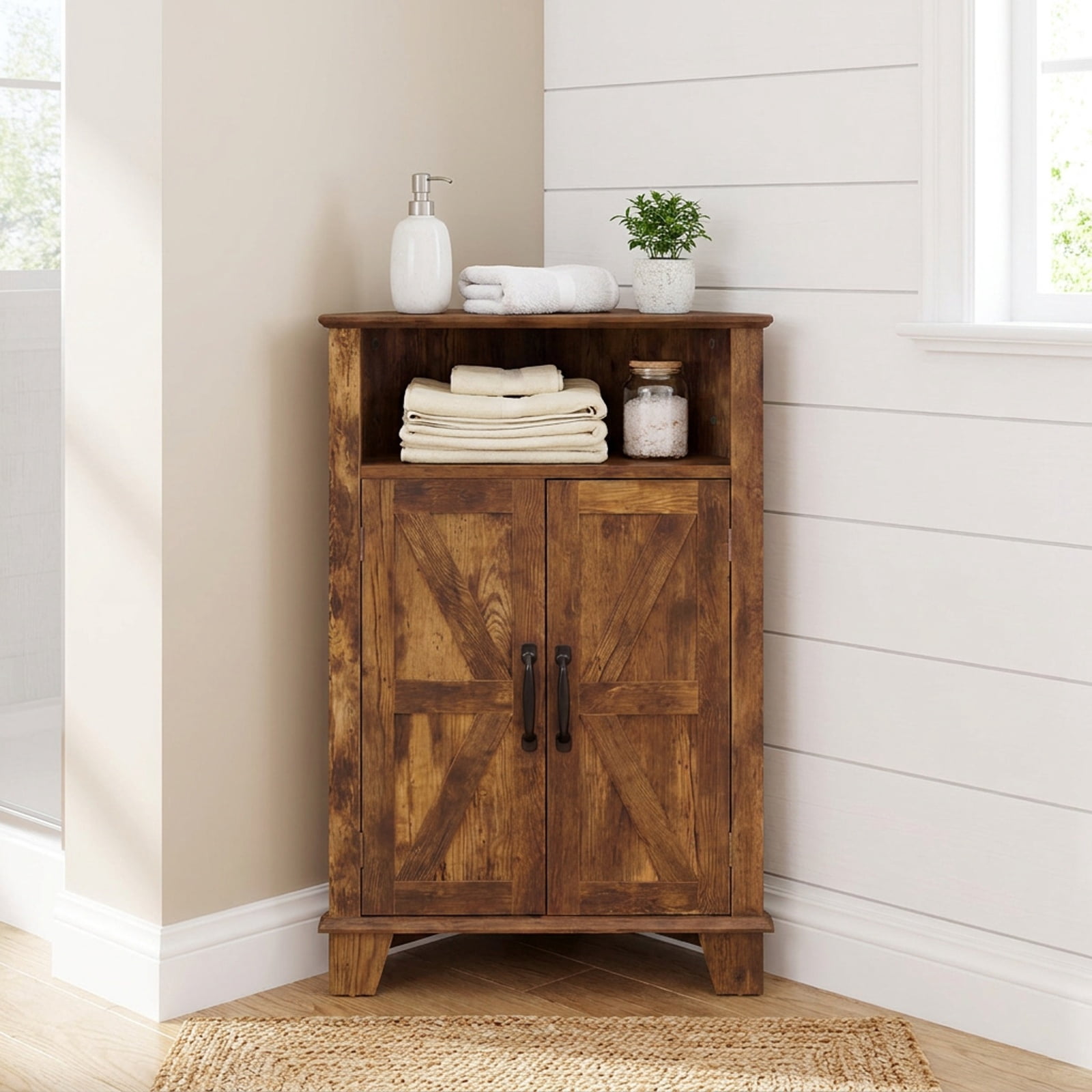 Furnibear 4 Tier Corner Accent Cabinet with Doors Open Shelf and Adjustable Storage for Kitchen Living Room and Entryway, Rustic Brown