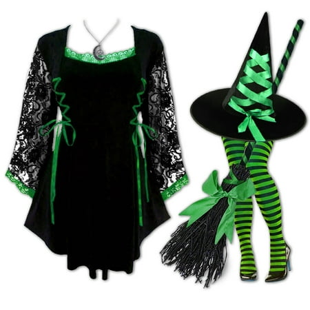 Plus and Regular Size Women's Halloween Witch Costume with Anastasia Top, Hat and Tights S-5x