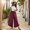 thumbnail image 6 of Women Linen Pants Summer Wide Leg Pants Smocked Waist Ruffle Hem Palazzo Pant Boho Flowy Beach Pant with Pocket, 6 of 6