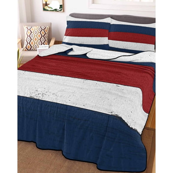 Red Navy Blue Stripe Full Size Down Alternative Comforter, Lightweight Comforter Quilt Bedding Set with Pillow Shams Retro Farmhouse Striped Vintage All Seasons Bed Comforter Duvet Insert 78"x90"