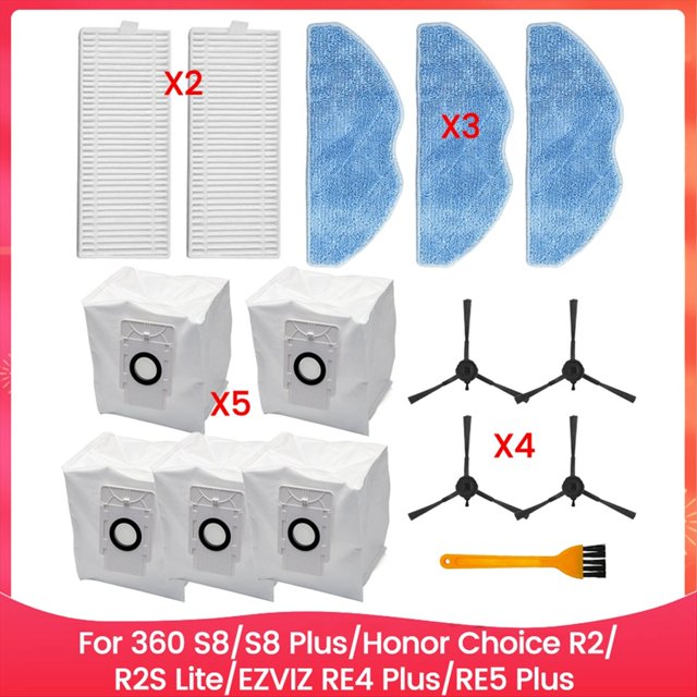 Repuestos para 360 S8/S8 Plus/ Choice R2/R2S Lite/ RE4 Plus/RE5 Plus: Cepillo, Filtro, Bolsa para Polvo, Paño de Fregona B