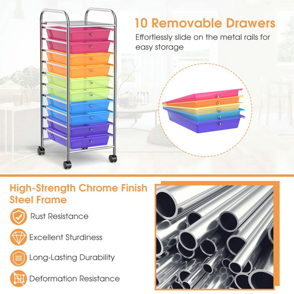 Canddidliike 10 Drawer Rolling Storage Cart Organizer with 4 Universal Casters, Craft Organizers and Storage, Multipurpose Organizer Cart for Home, Office, School
