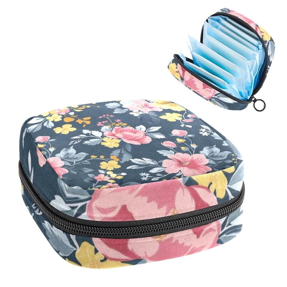 Sanitary Napkin Storage Bag for Girls Women, Portable First Period Pads Bag Tampons Holder Girls Travel Makeup Bag, Large Capacity Cute Flowers Floral Pattern