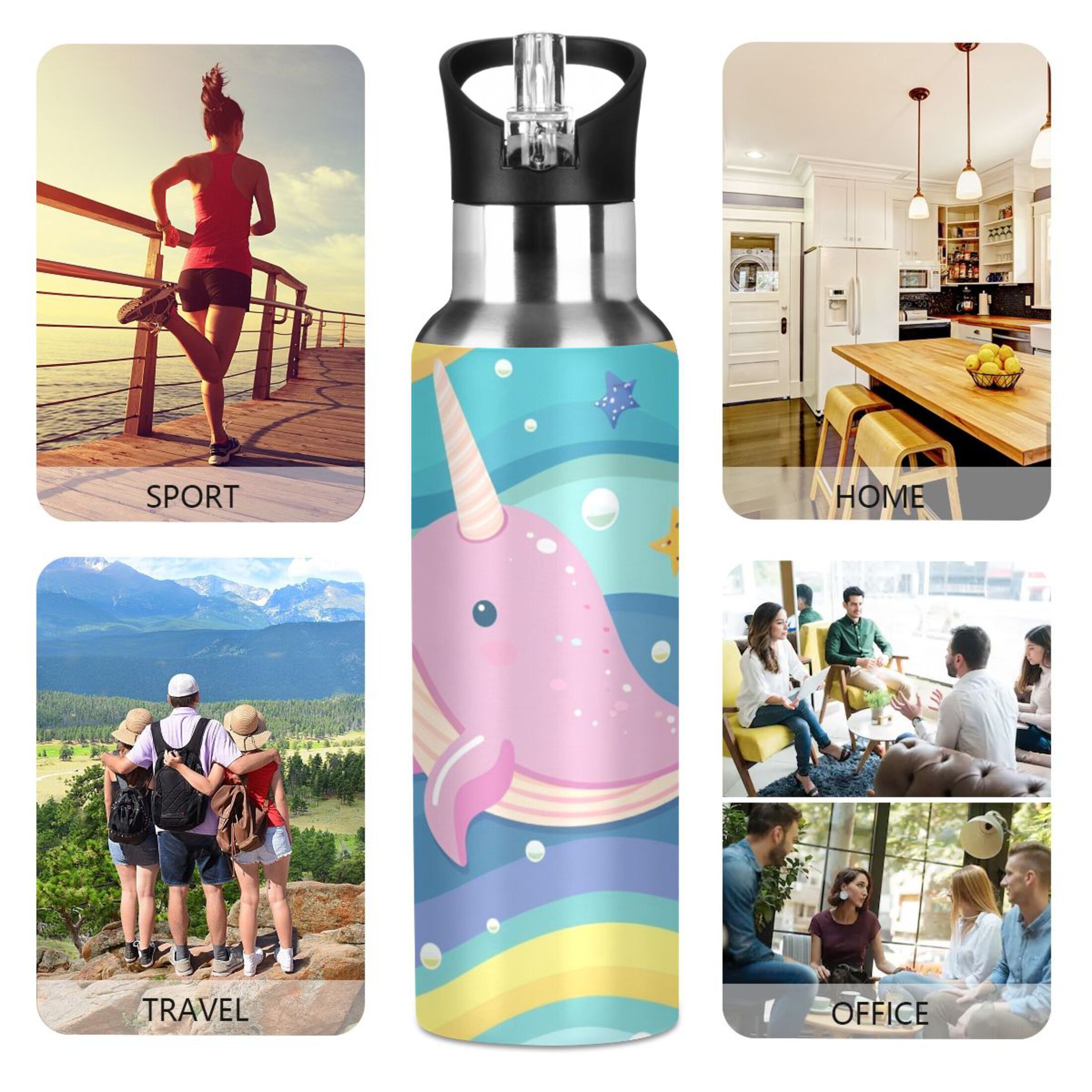 Cute Narwhal Whale Stainless Steel Water Bottle 34oz/1000ml Double Wall Vacuum Insulation Leakproof for Sports Travel