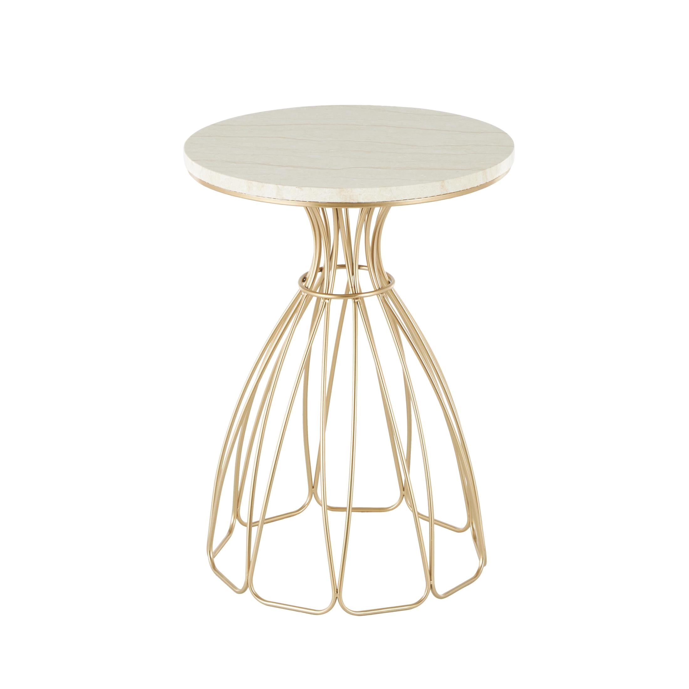DecMode 16" x 22" Gold Metal Flower Inspired Accent Table with Cream Marble Tabletop, 1-Piece