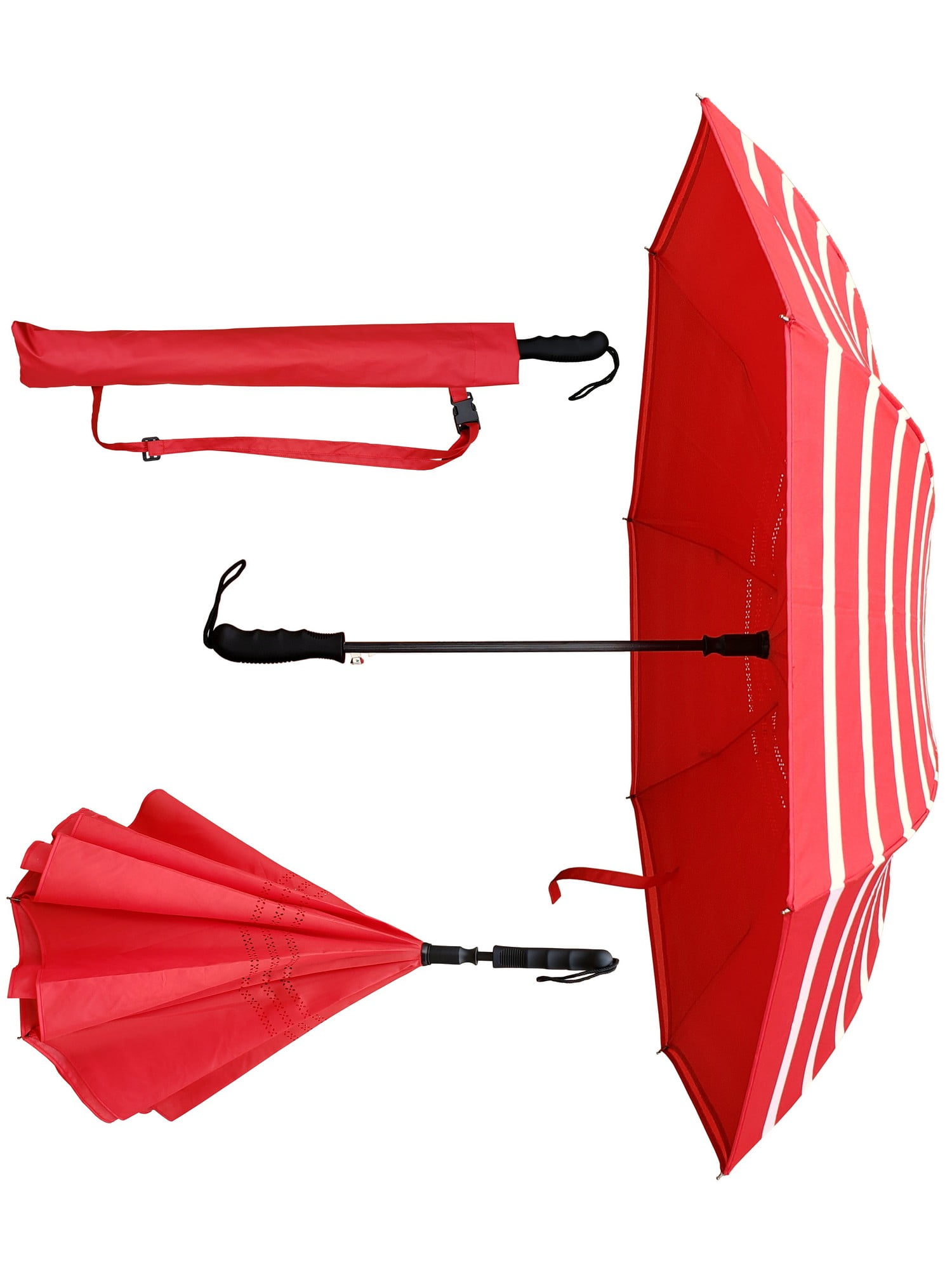 Auto Inverted Inside-Out Upside Down Red Stripe Umbrella-RainStoppers 46” Arc 