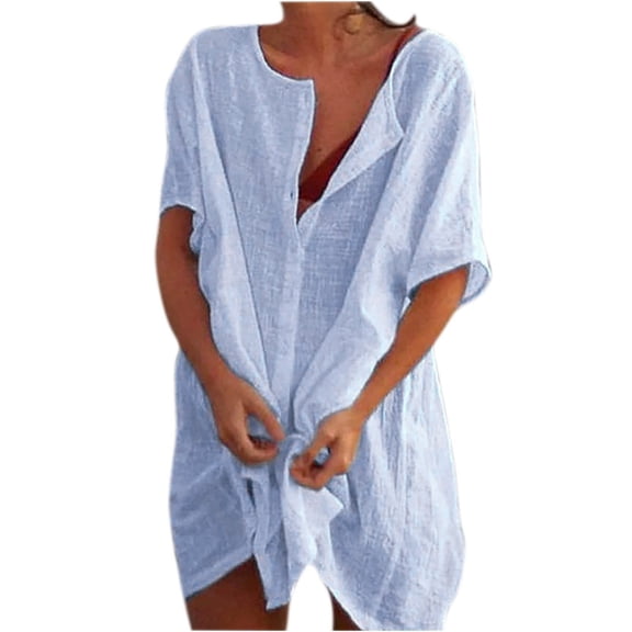 XIAONU Button Front Tunic Dress for Women Short Sleeve Knot Hem Beach Cover Up Dress