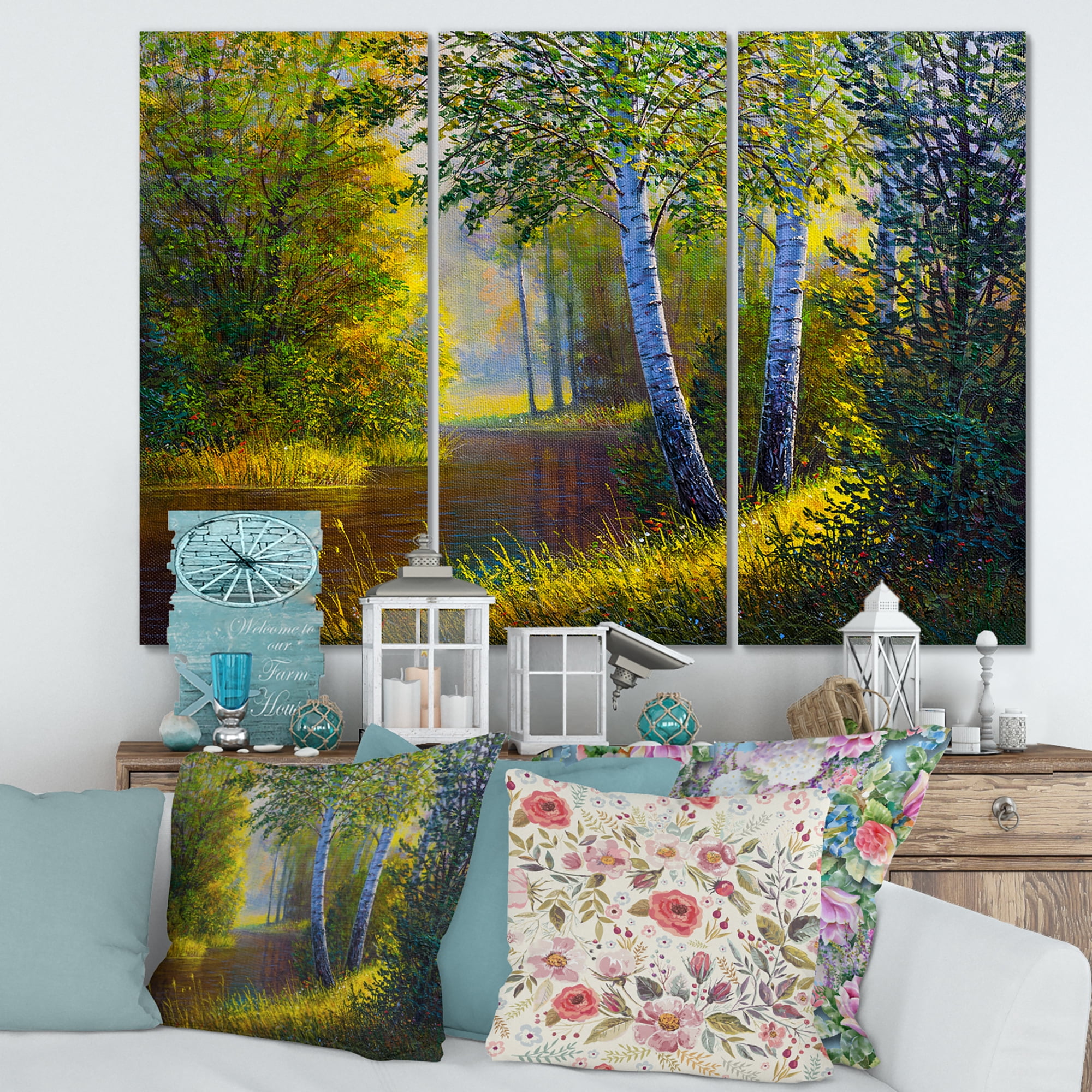 Designart ' Sunrise Glow Through The Birches II ' Lake House Canvas Wall Art Print