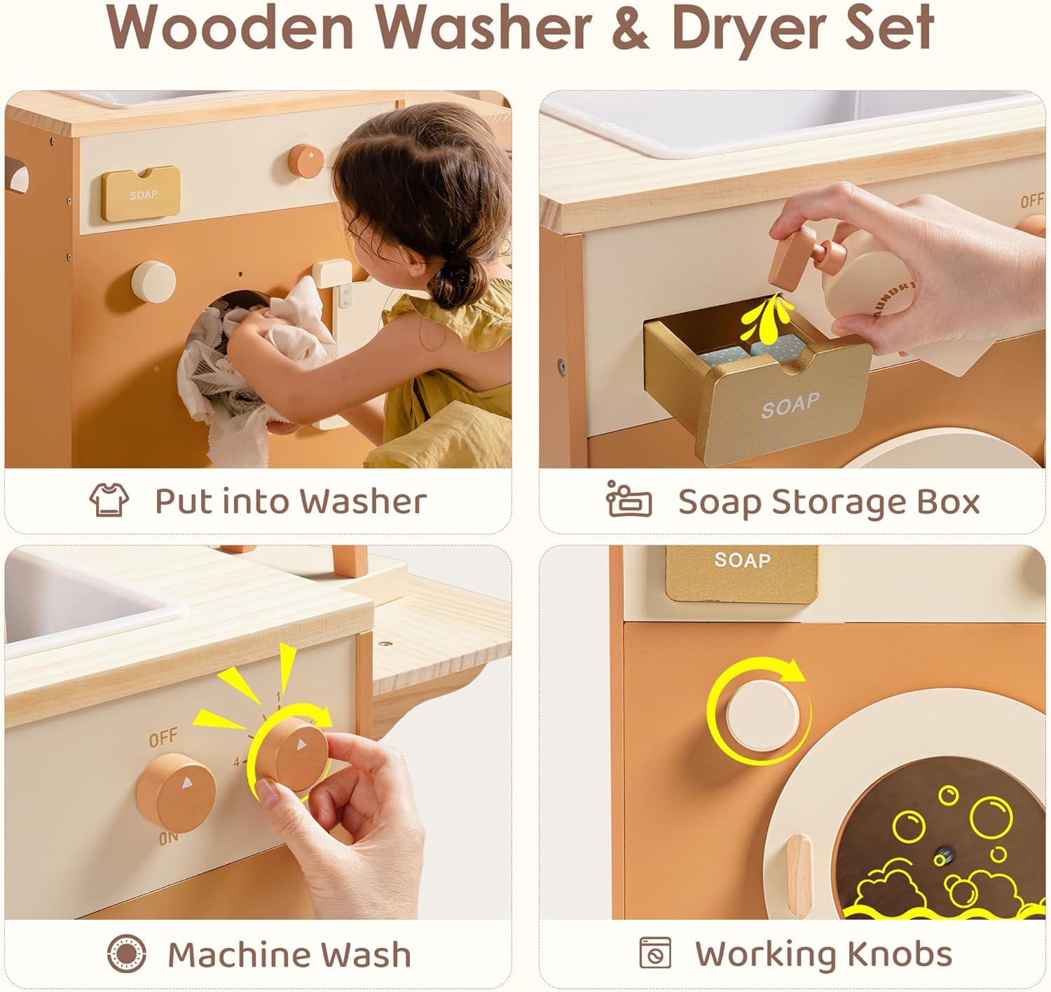 Robud Kitchen Washer Playset Pretend Play Toy Washing Machine with Clothes Basket, Iron and Sink for Kids Age 3+,Caramel