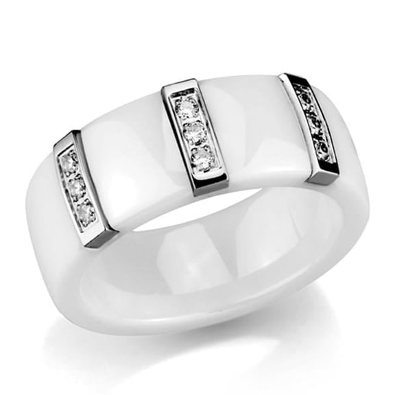Alamode 3W957-8 Women High Polished Stainless Steel Ring with Ceramic in White - Size 8