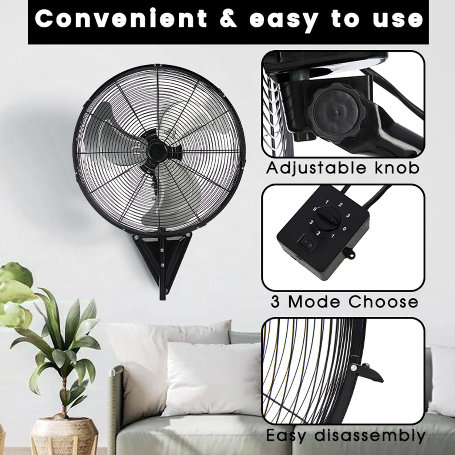 24in Wall Mount Fan, 3-Speed Industrial Wall Fan up to 8000CFM, 120°Oscillating High Airflow Cooling Fan for Garage,Home,Warehouse, Indoor/Outdoor Use, Black