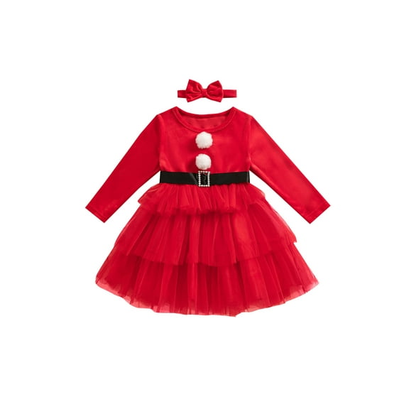Kids Little Girl Christmas Dresses Outfit, 18 24 Months 2T 3T 4T 5T 6T 7TLong Sleeve Tulle Patchwork Dress with Bowknot Headband