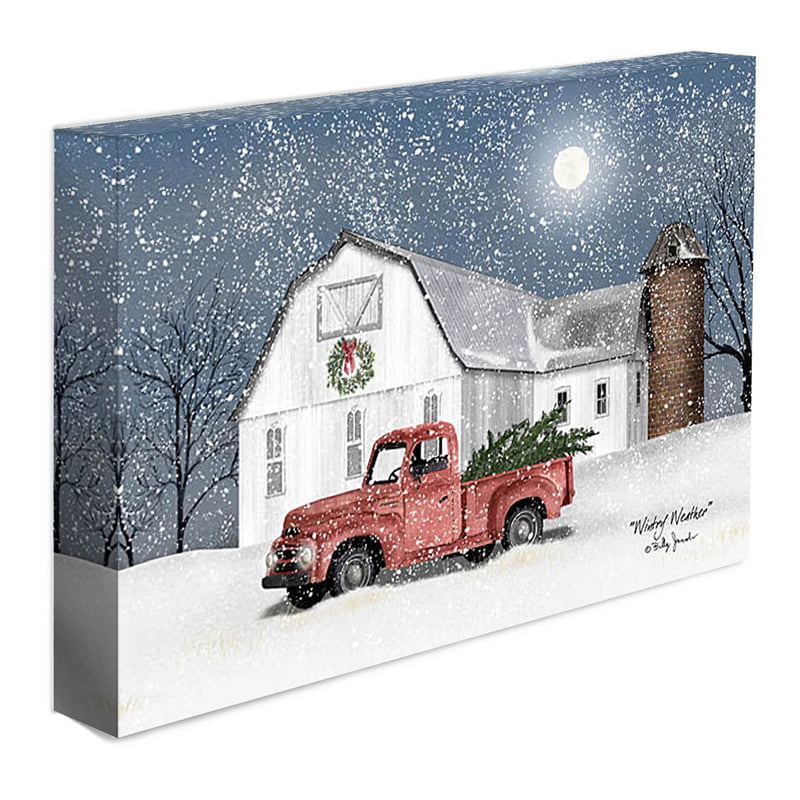 WINTRY WEATHER by Billy Jacobs 16x20 Barn Old Truck Xmas Trees  FRAMED PICTURE 