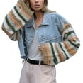 thumbnail image 6 of KOMOO Denim Patchwork Jacket Striped Button Cropped Jeans Coat Long Sleeve Lapel Short Denim Jacket Pockets, 6 of 8