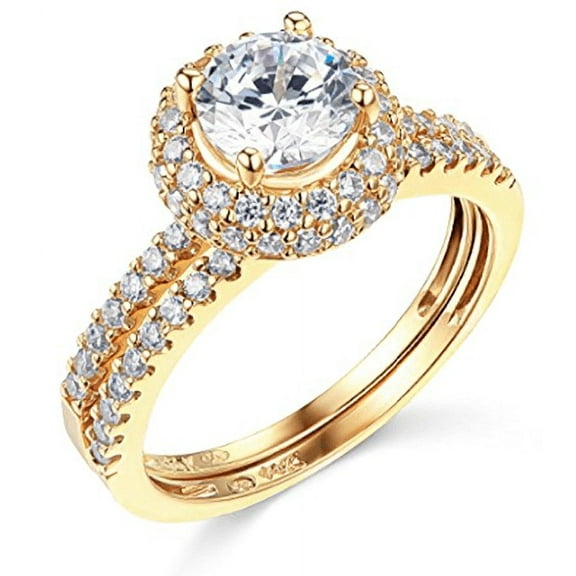 3 Ct Round Real 14K Yellow Gold Halo Engagement Wedding Ring Set Matching Band
