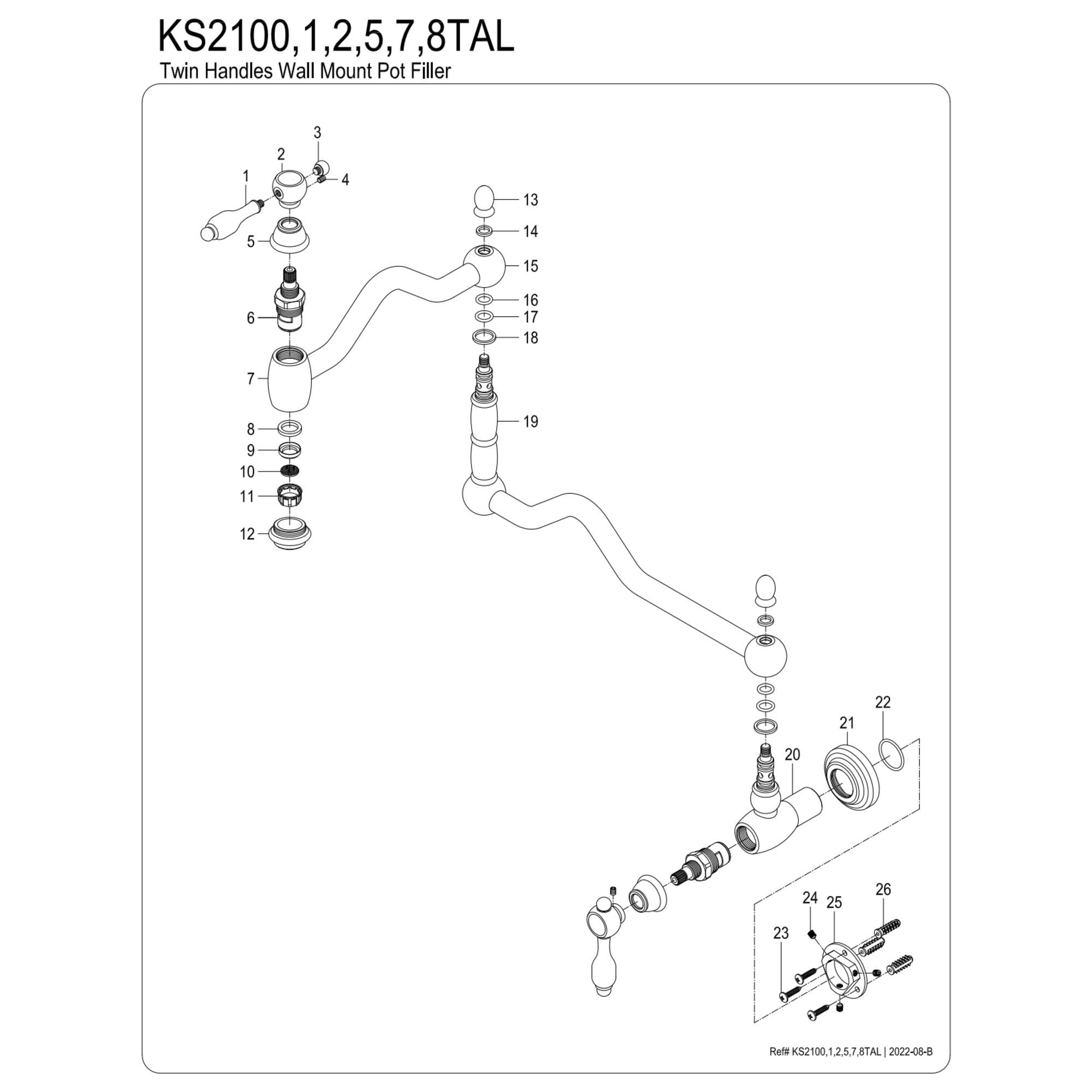 Kingston Brass KS2102TAL Tudor Two-Handle 1-Hole Wall Mount Pot Filler Faucet in Polished Brass
