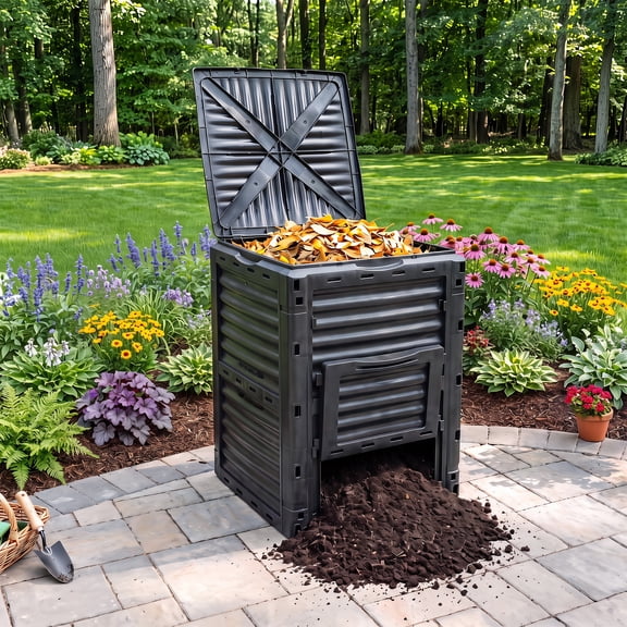 KAMEROUT 80 Gallon Outdoor Compost Bin, Large Capacity Composter for Garden Waste, Fast Soil Creation, Black